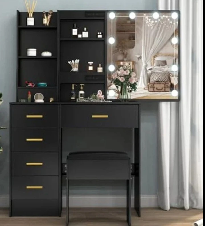 Black Vanity Set with Lighted Mirror and Stool