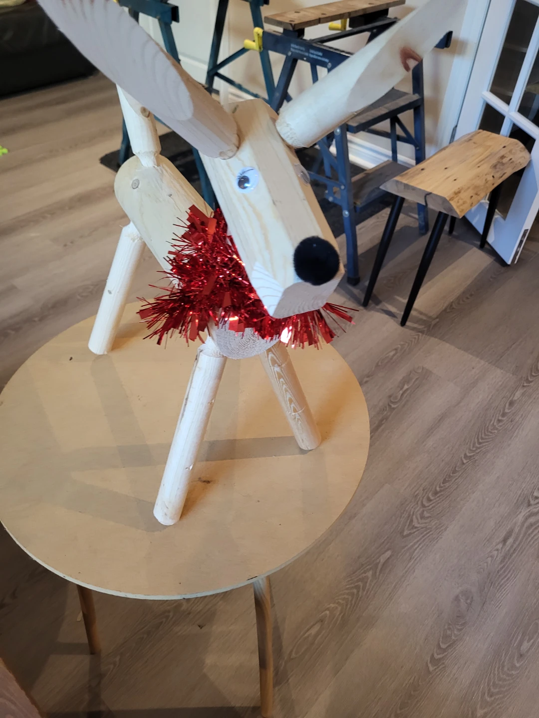 Wooden Reindeer Decoration with Red Tinsel