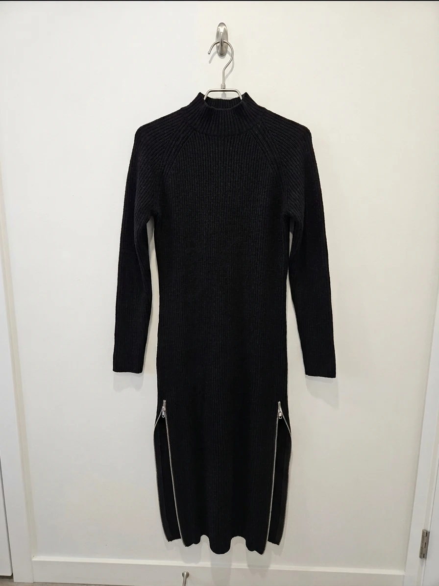Black Mock Neck Sweater Dress with Zipper Detail
