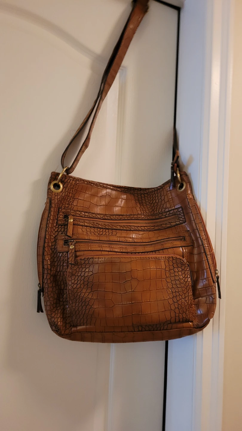 Brown Croc-Embossed Shoulder Bag