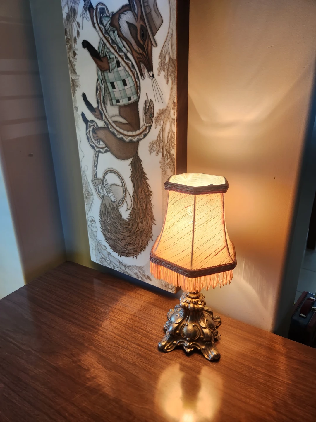 ANTIQUE Victorian revival micro Table Lamp with Fringe Detail