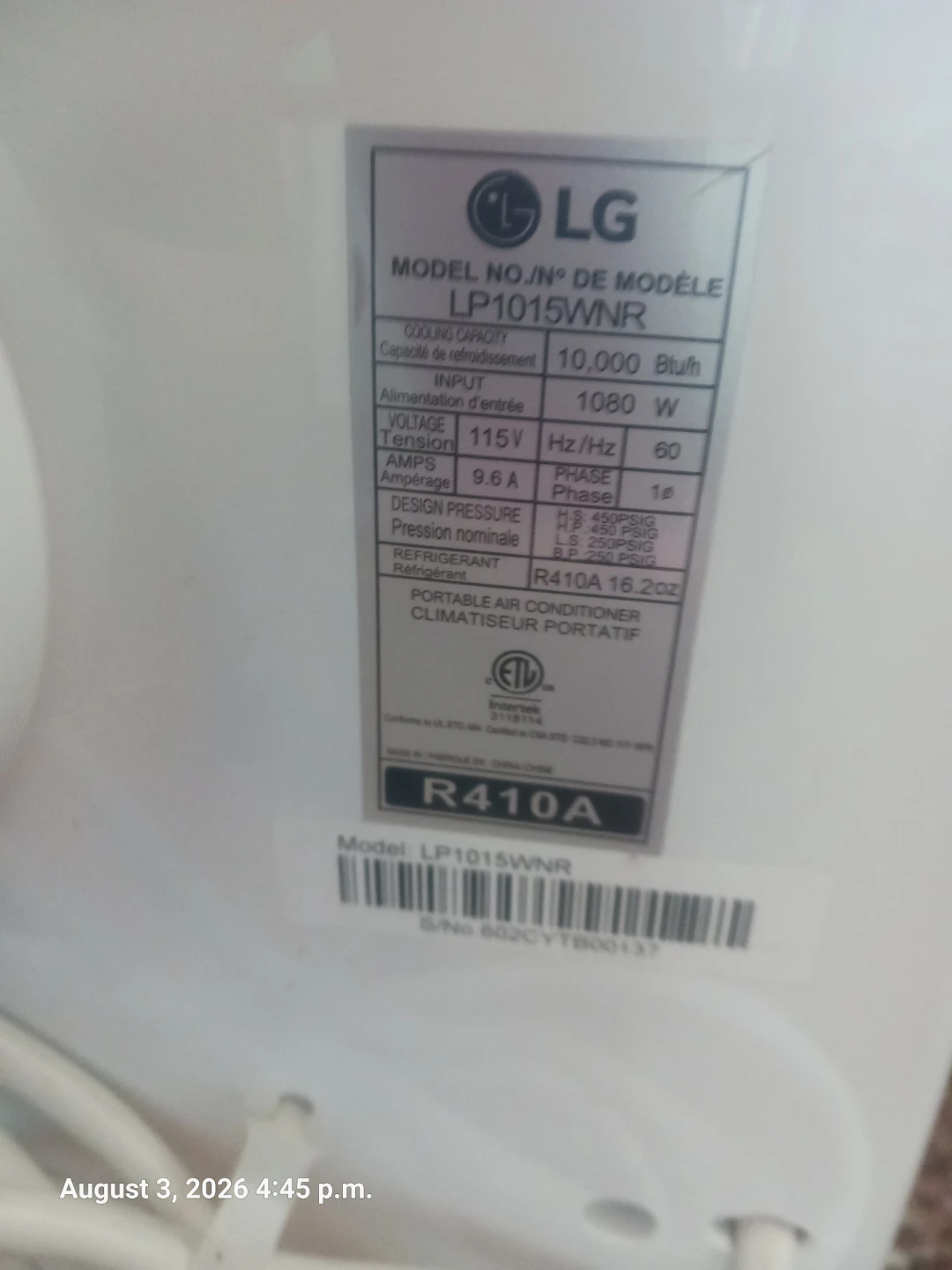 LG LP1015WNR Portable Air Conditioner - photo 4