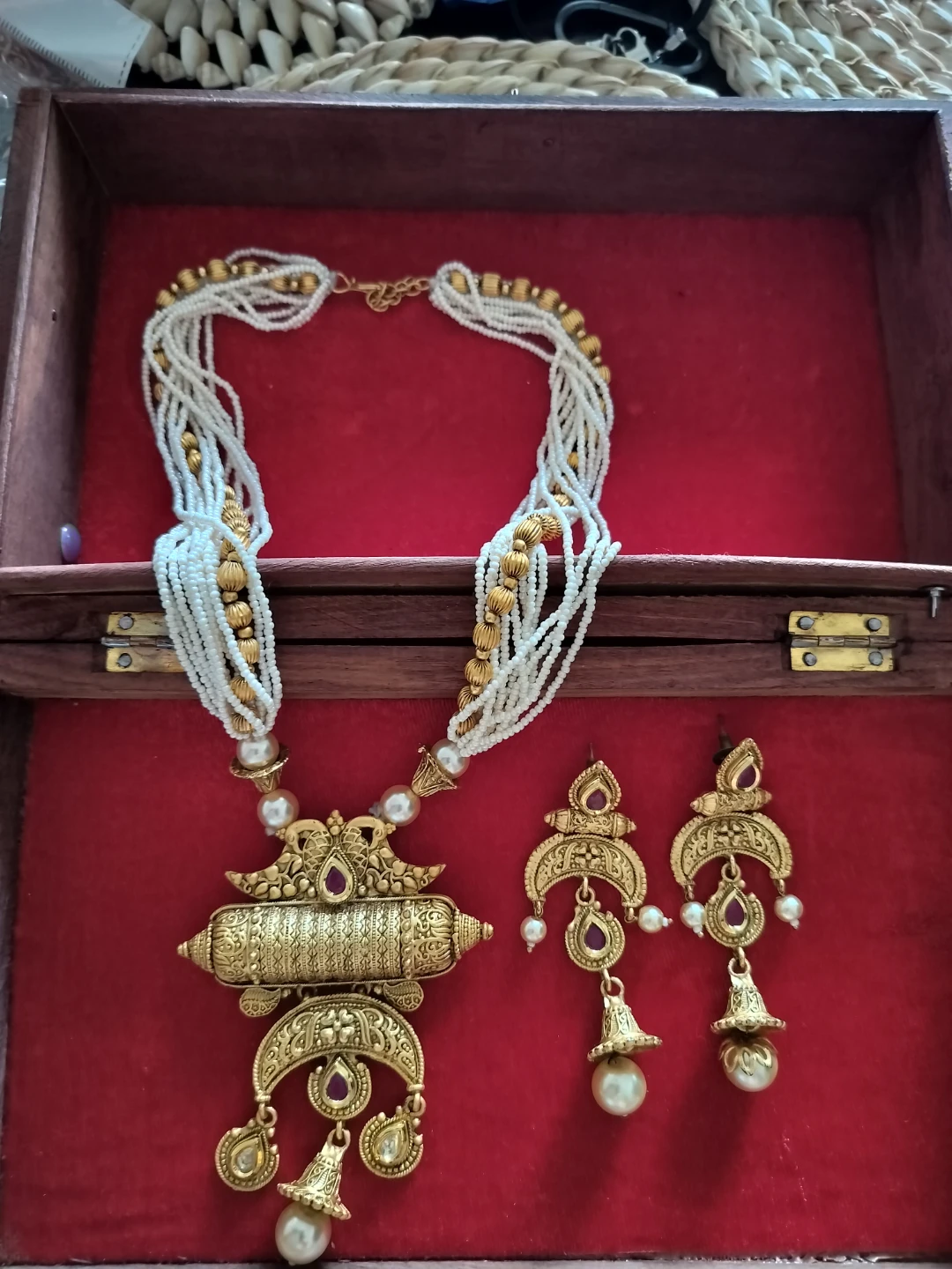 Gold-tone Necklace and Earring Set with White Beads