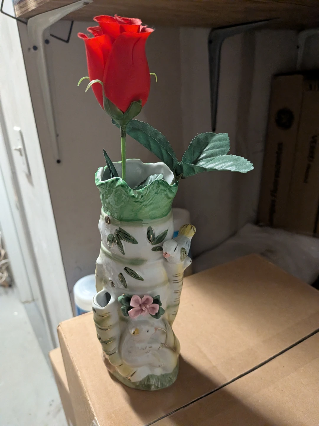 Ceramic Vase with Red Rose and Birds