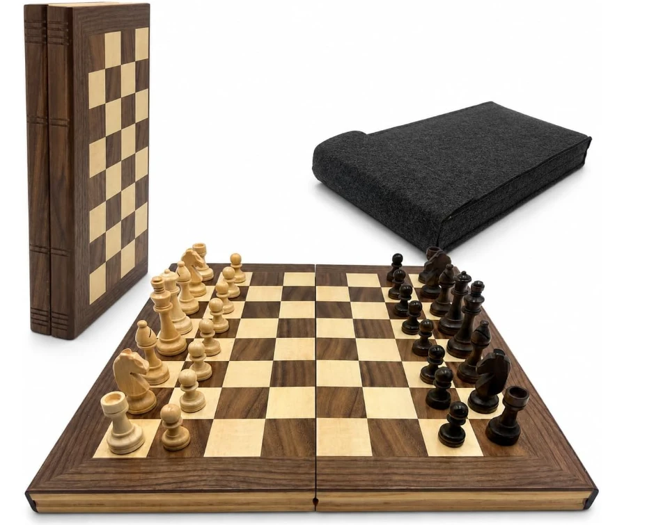 Wooden Chess Set with Foldable Storage Case