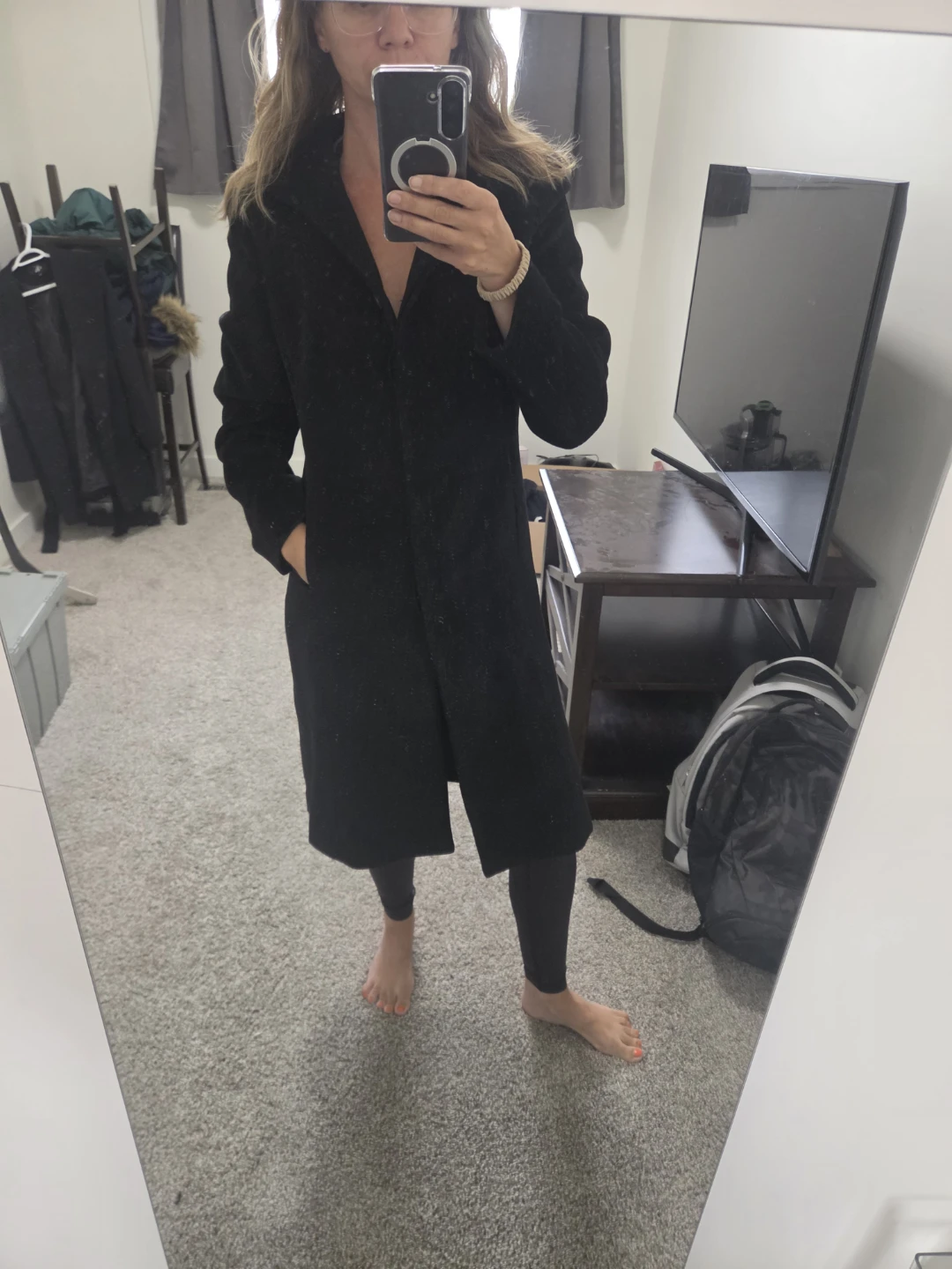 Long black button-up wool blend coat