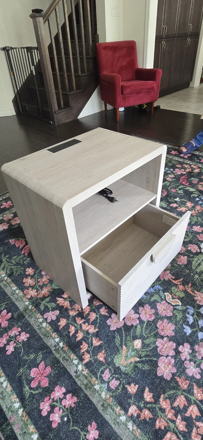 Light Wood Side Table with Drawer and Power Outlet