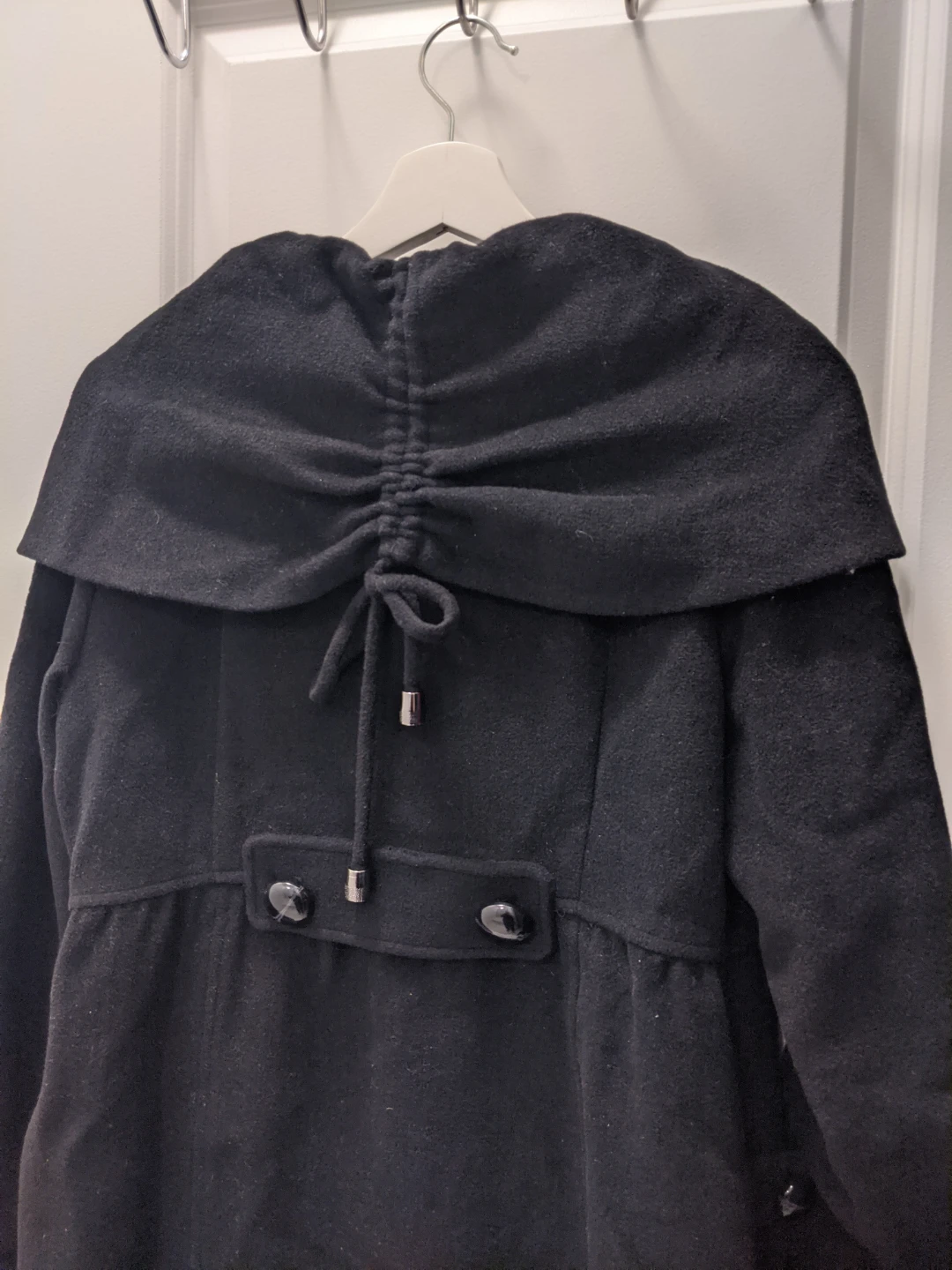 Black Mid-Length Wool Coat with Hood - photo 5