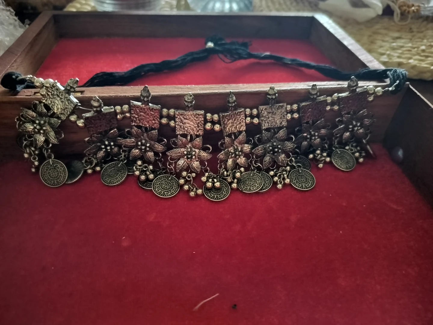 Antique Oxidized Silver Choker Necklace with Coins