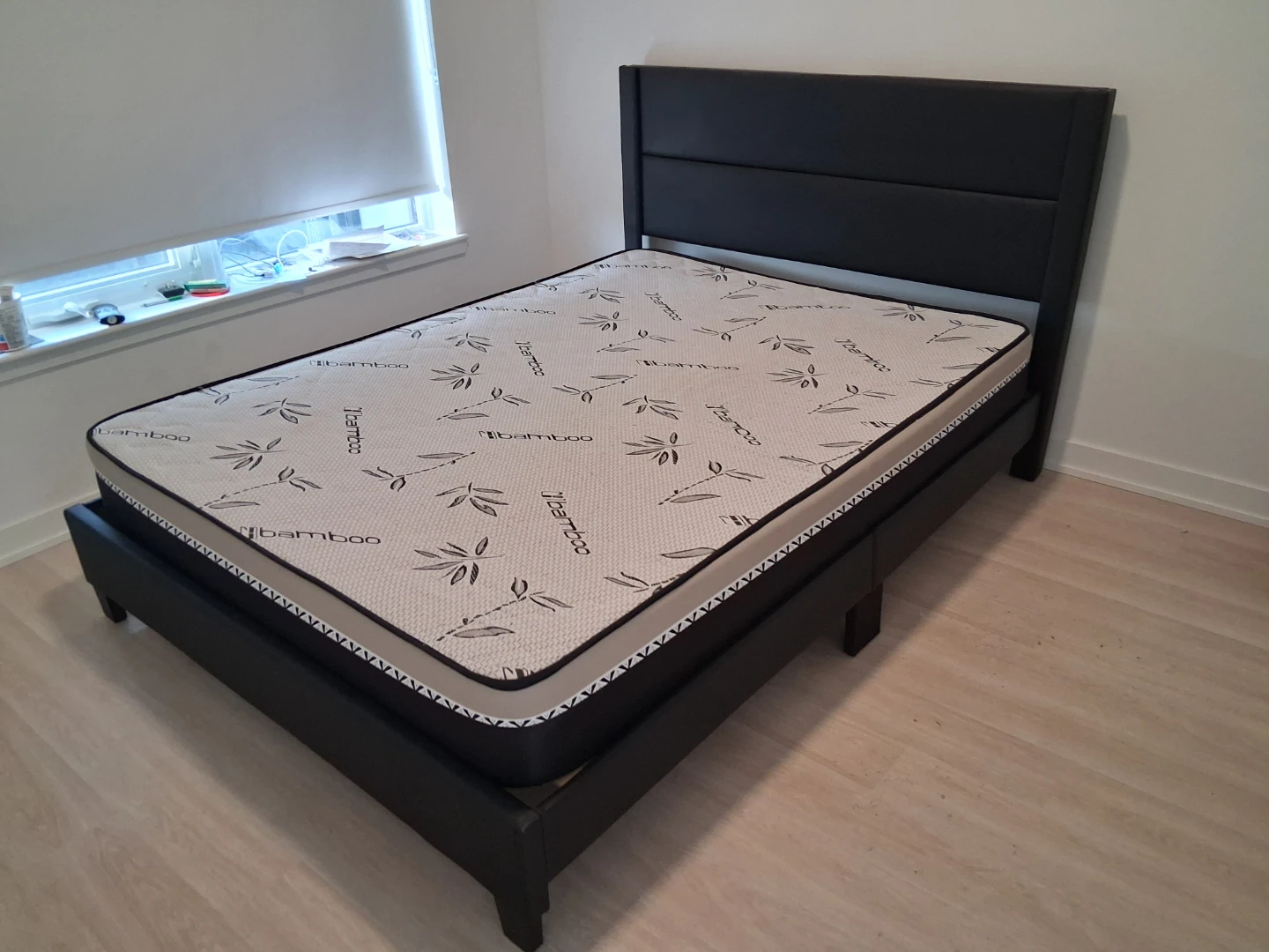 Modern Black Platform Bed Frame with Queen Bamboo Mattress