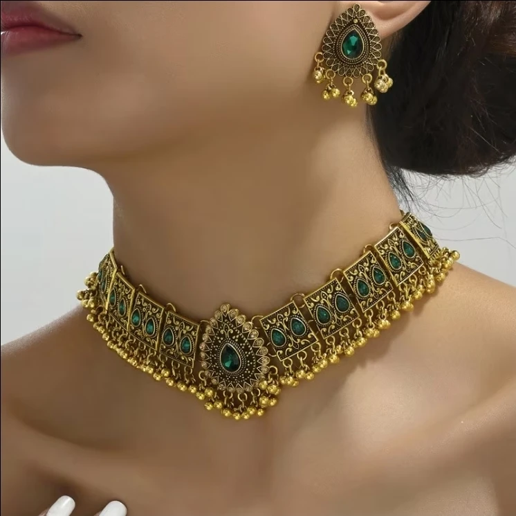 Gold-tone Choker Necklace and Earring Set with Green Gems