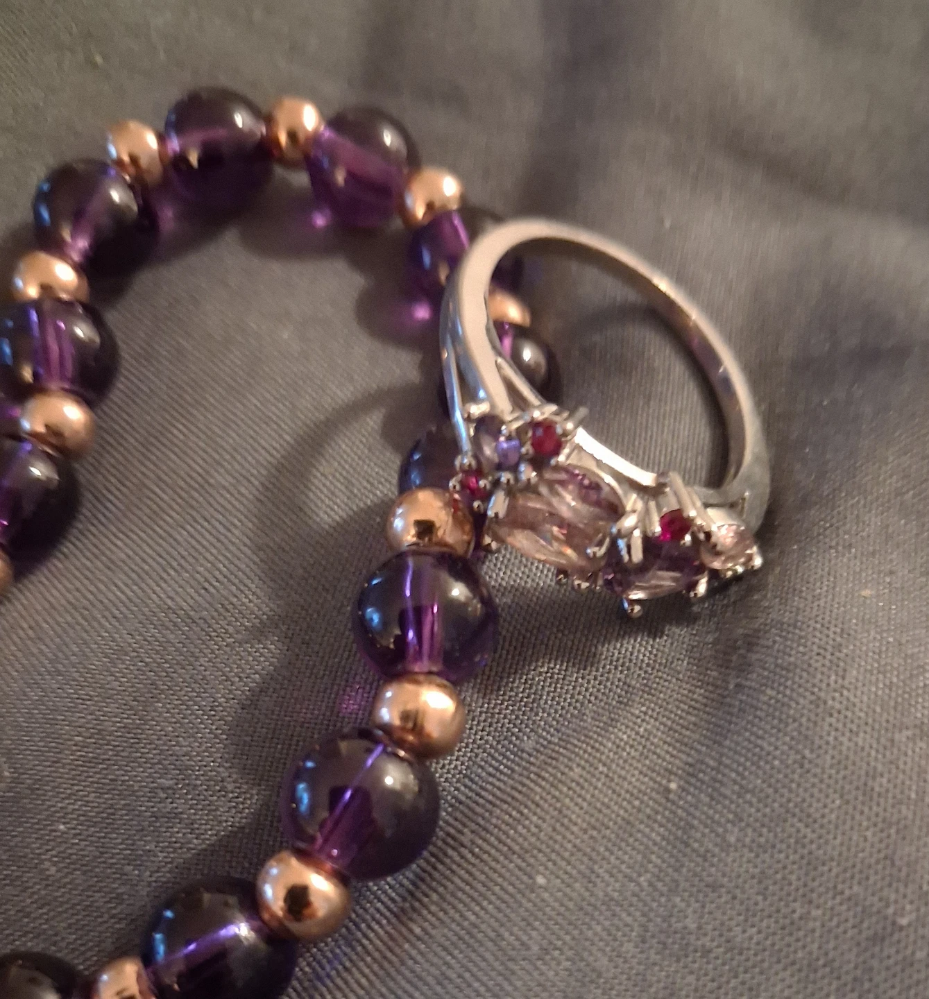 Amethyst beaded bracelet and ring set