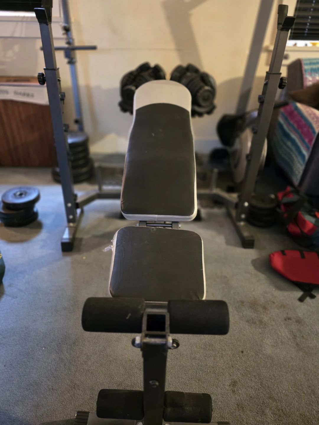 Weight Rack + Bench, Barbell and Weights