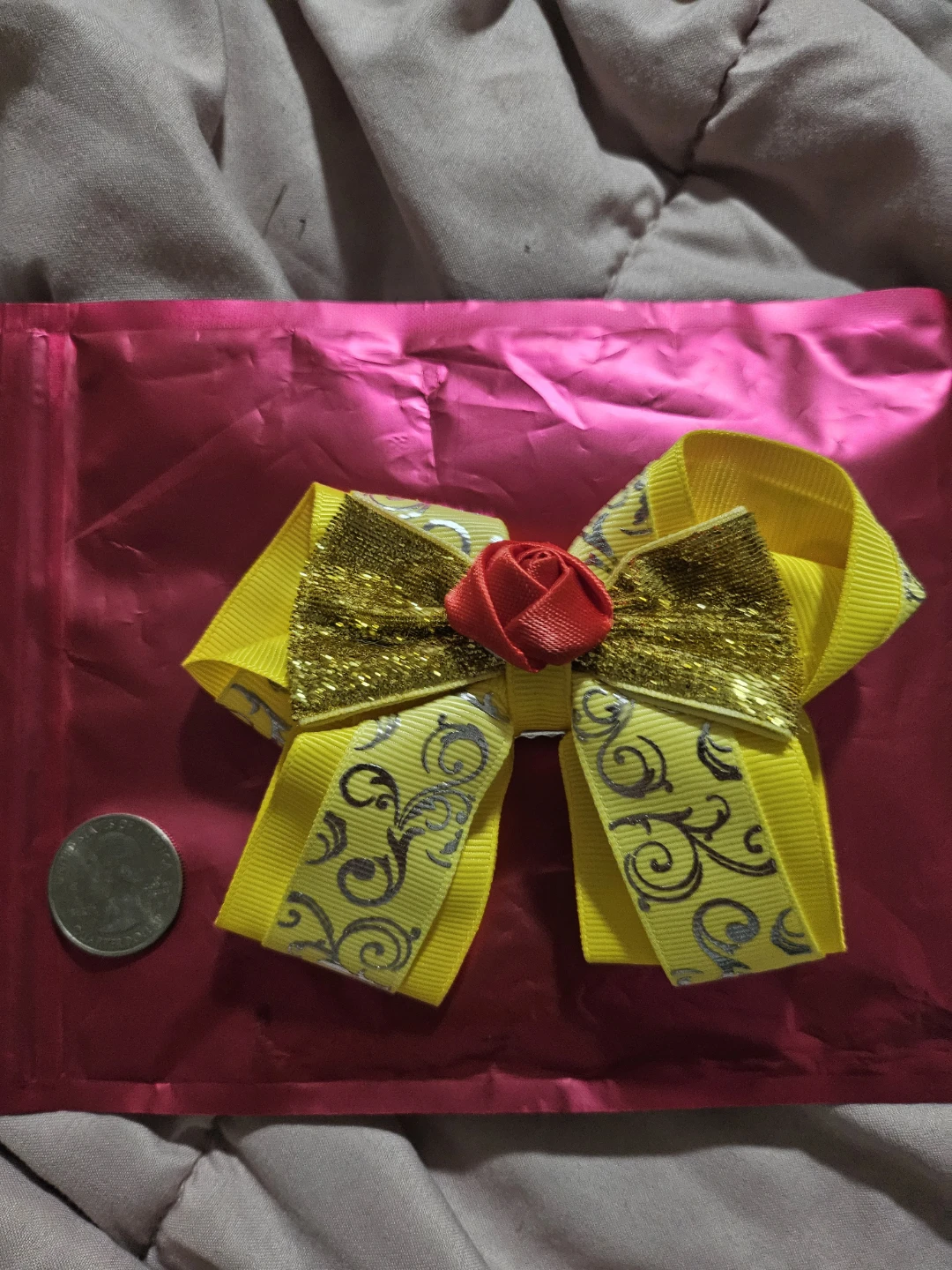 Belle's Disney Princess Yellow Ribbon Hair Bow - Red Rose