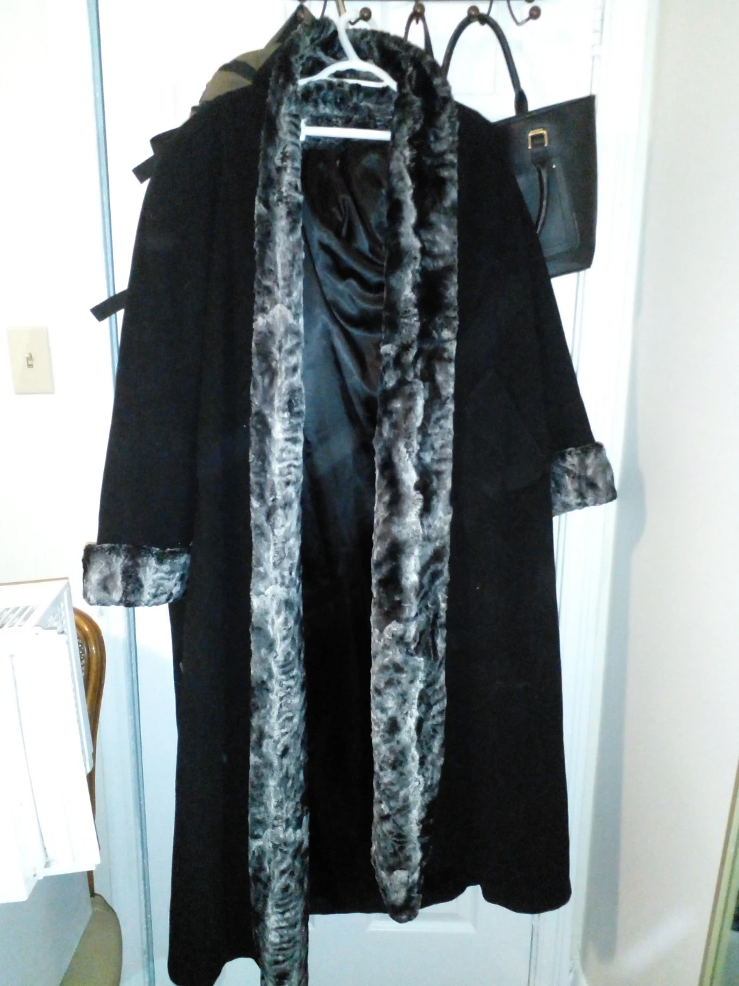 Women's Black Full Length Coat with Faux Fur Trim