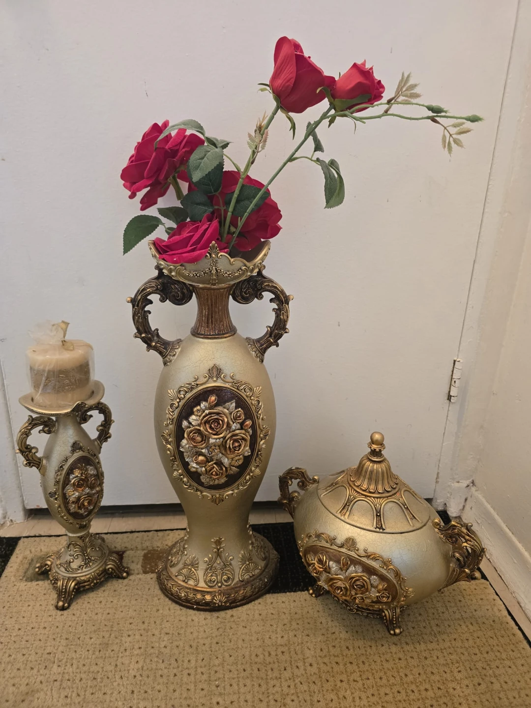 $90 Ornate Decorative Vase with Rose Embellishments
