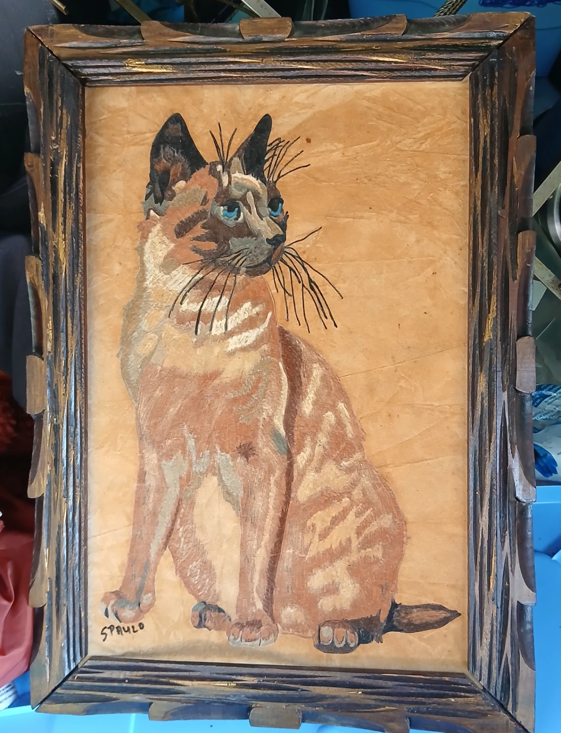 Framed Velvet Painting of a Siamese Cat