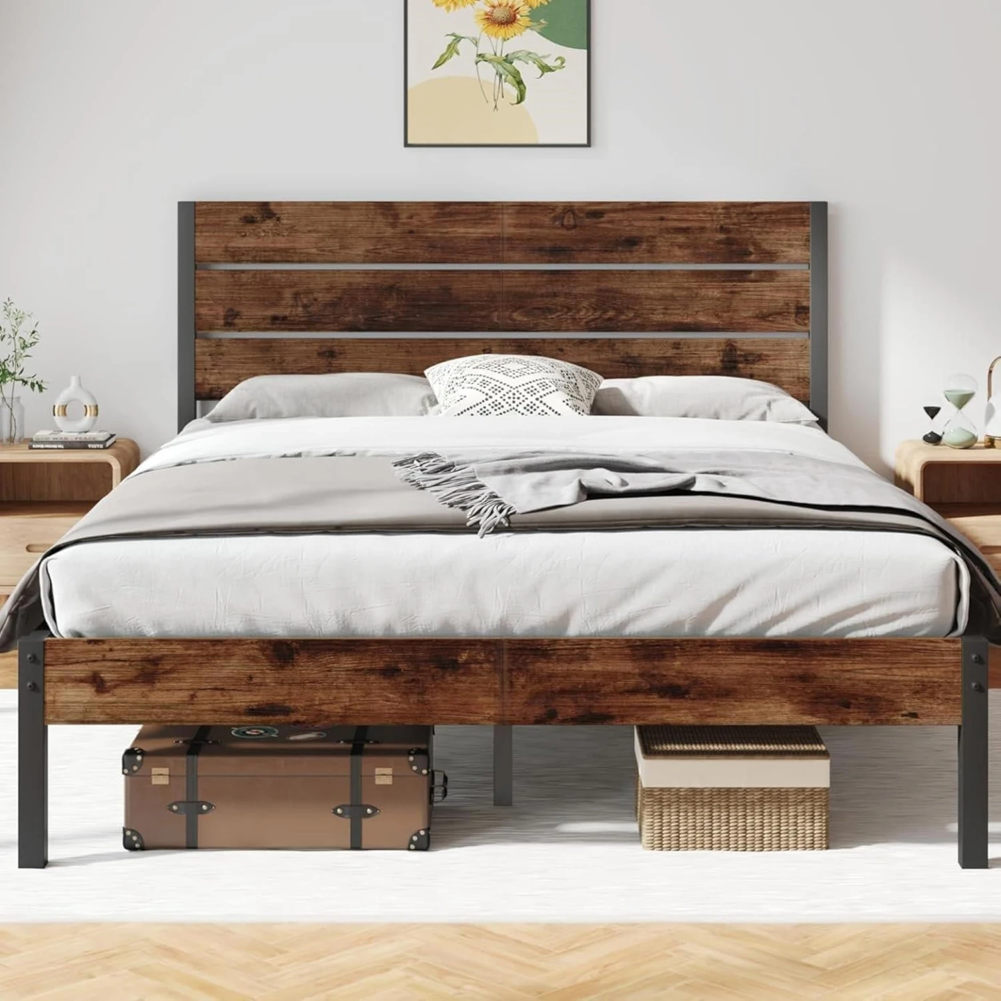 Queen Size Industrial Style Bed Frame with Wood Headboard
