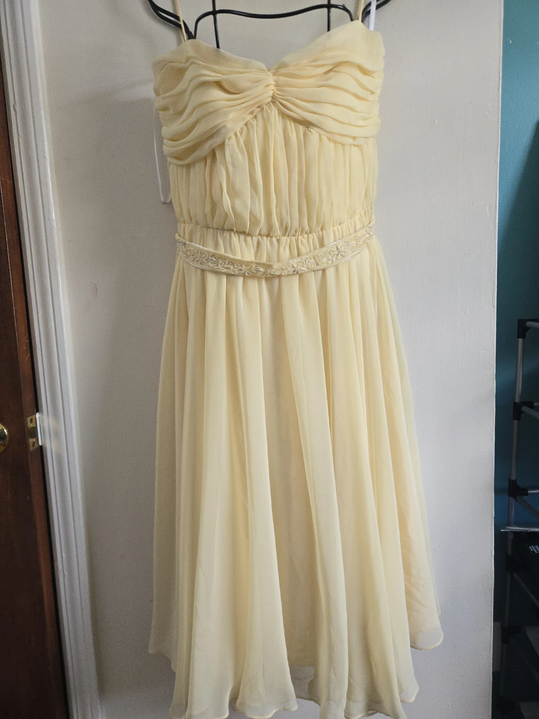 Light Yellow Chiffon Empire Waist Beaded Dress