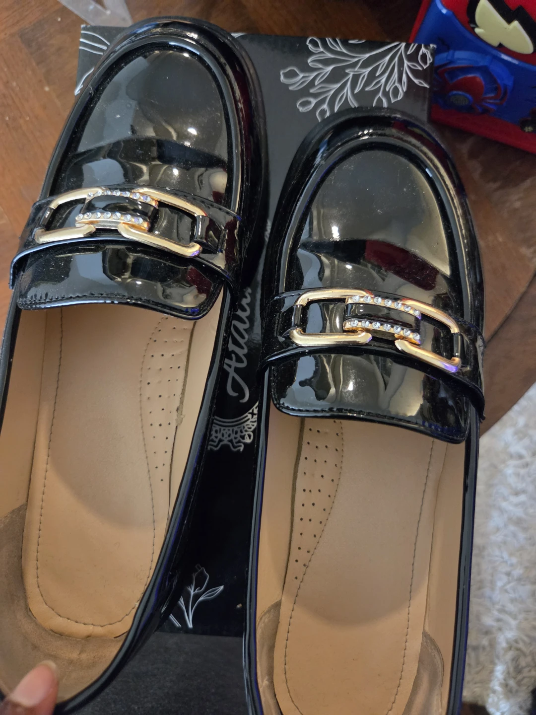 Atalina Black Patent Loafers with Gold Buckle - photo 2
