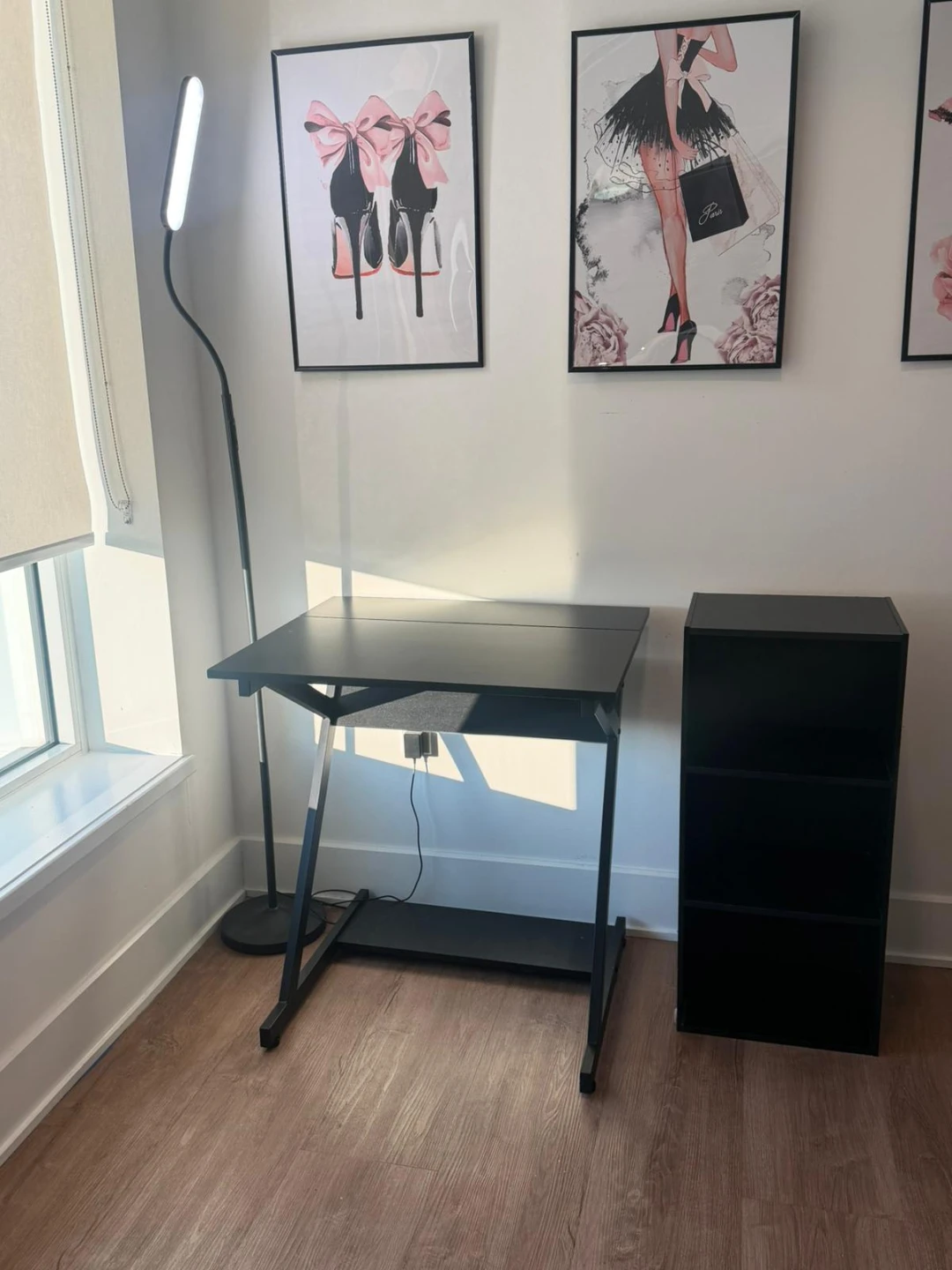 Black Folding Desk with Standing Lamp and Storage Unit - photo 2