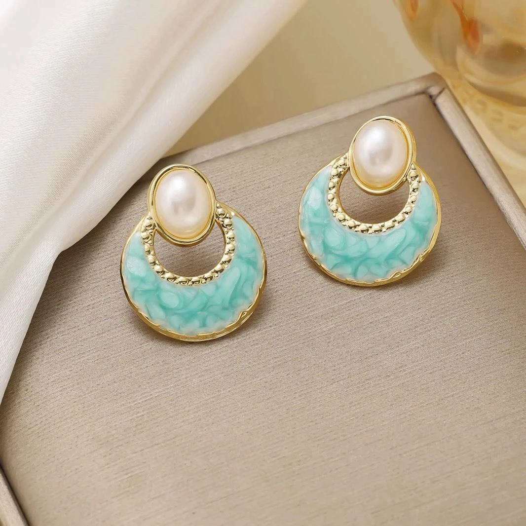 Teal Marble Drop Earrings with Pearl Accent
