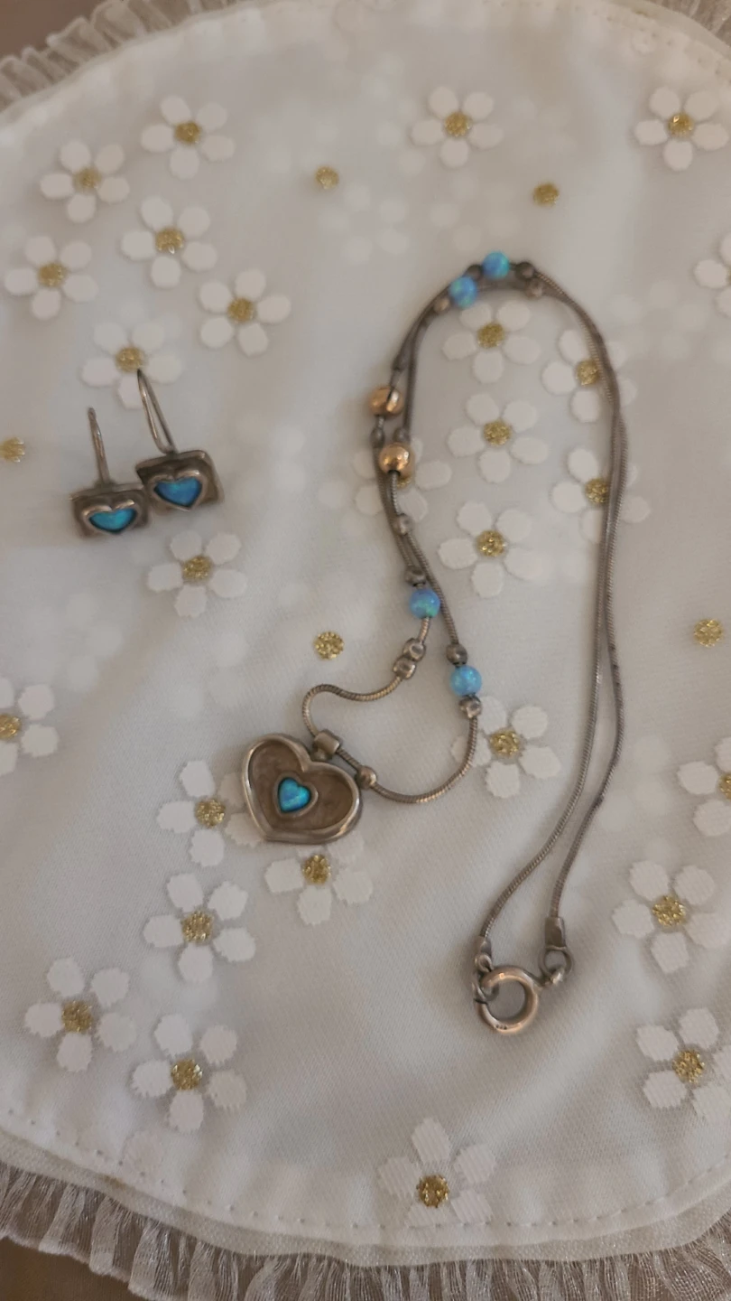 Sterling Silver Heart Necklace & Earrings Set with Blue Stone