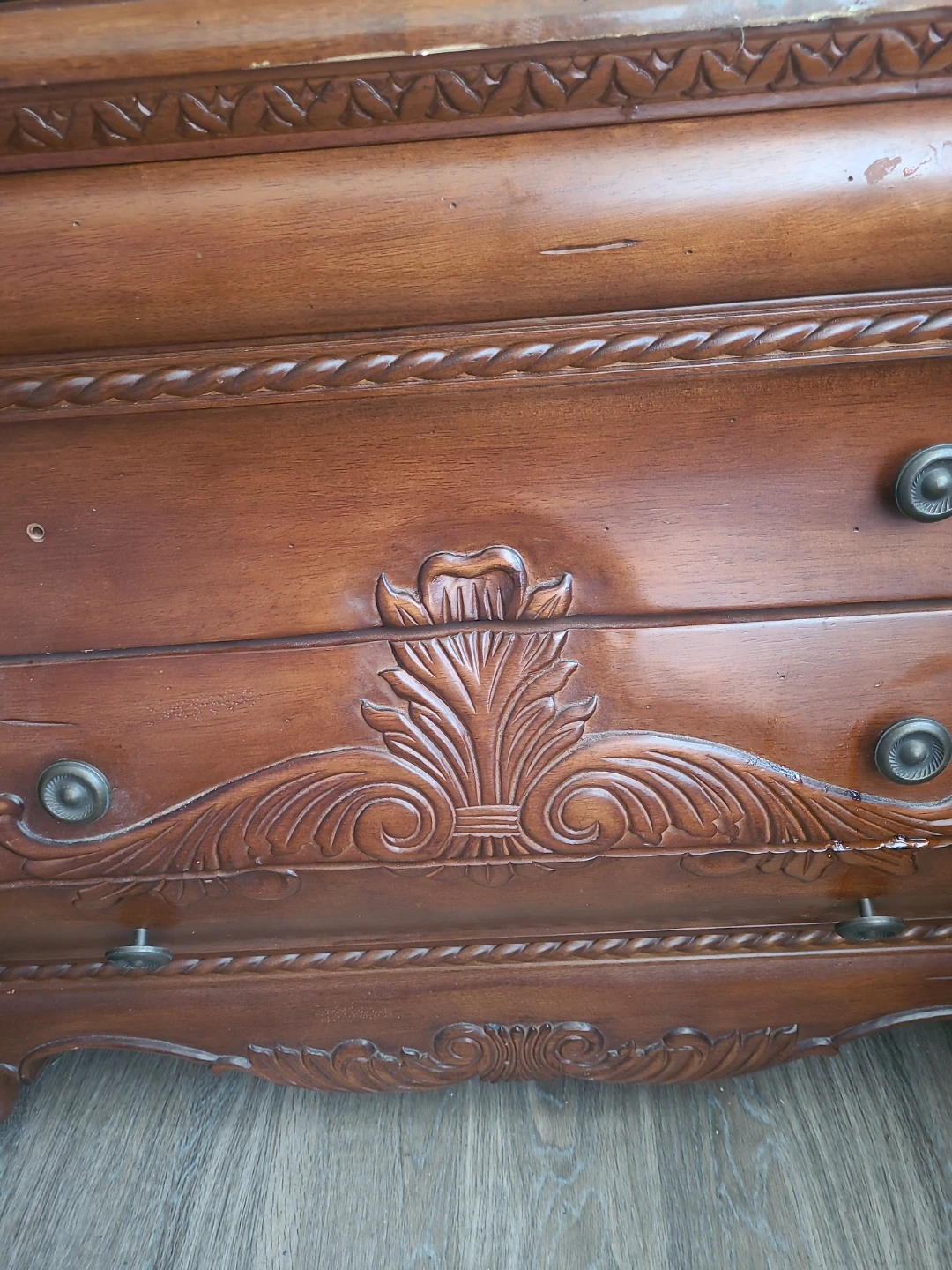Ornate Bombay Carved Wood 3-Drawer Nightstand - photo 3