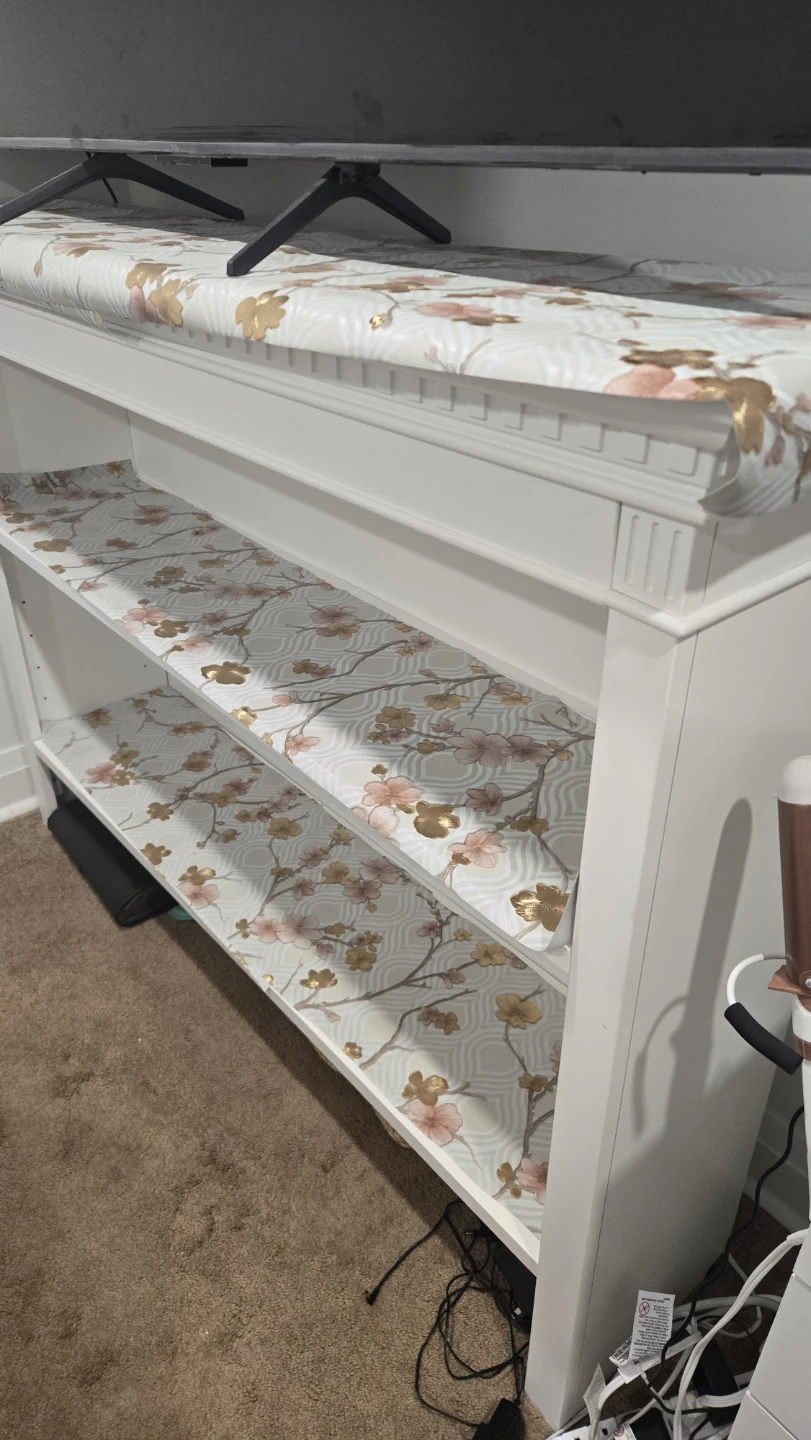 White Bookshelf with Floral Shelf Liner