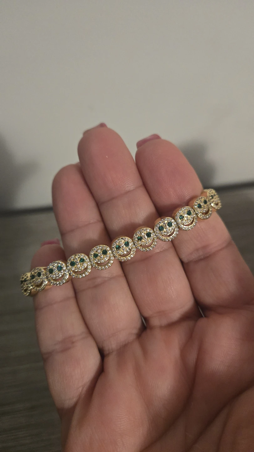 Gold-tone smiley face bracelet with green gems - photo 2