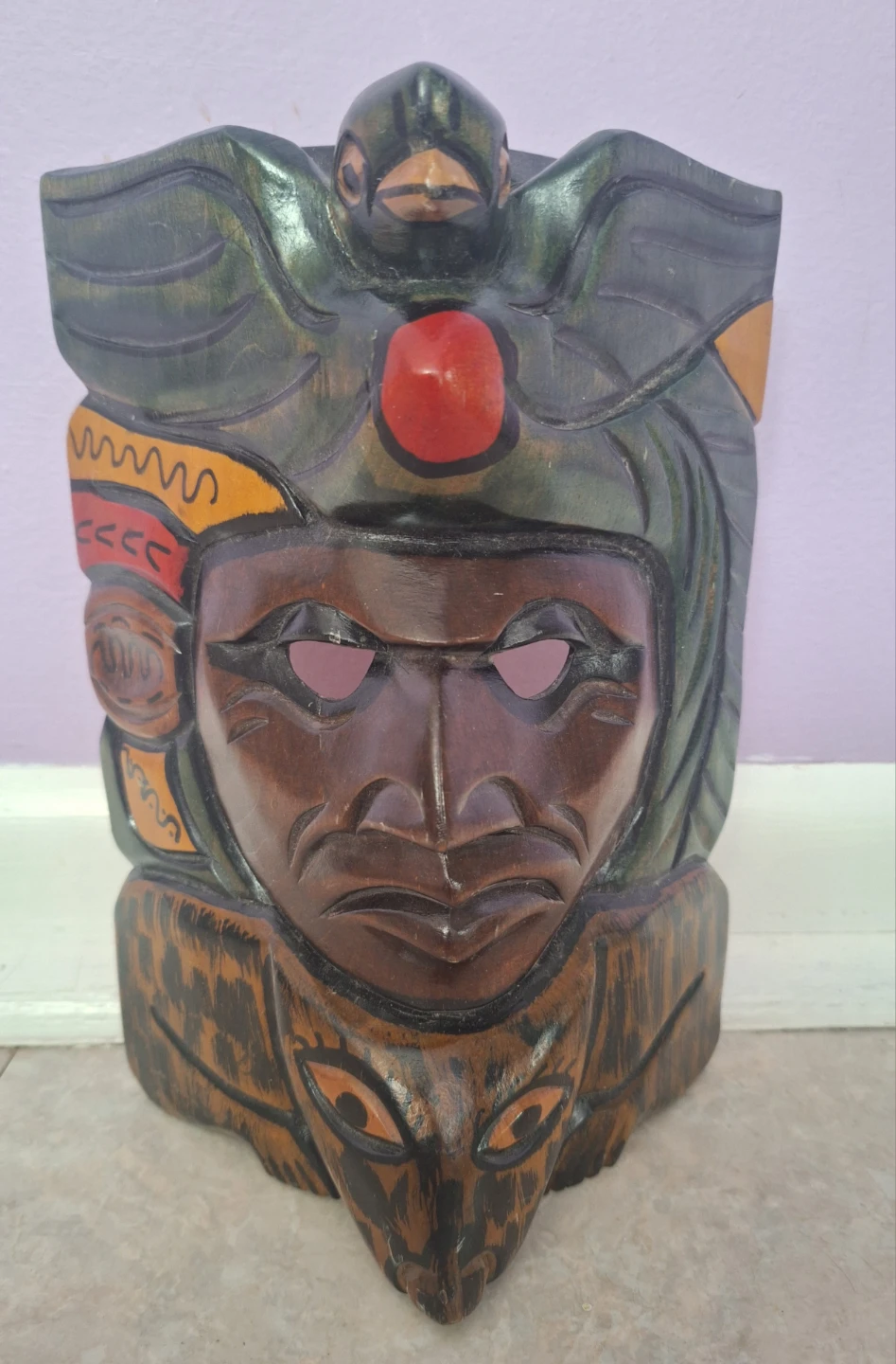 Vintage Wooden Aztec Mayan Hand-carved Mask