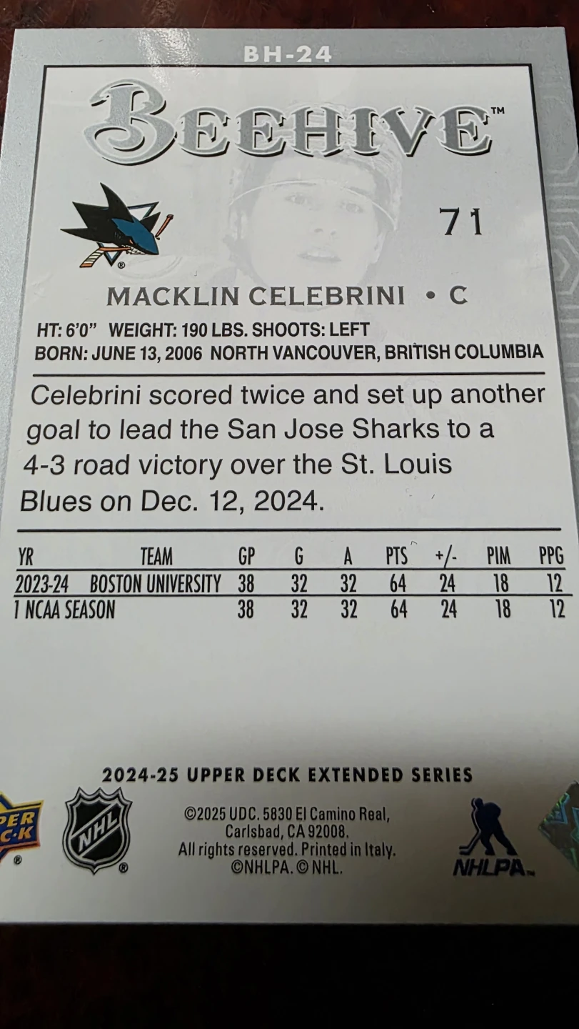 Macklin Celebrini Beehive Hockey Card - photo 2