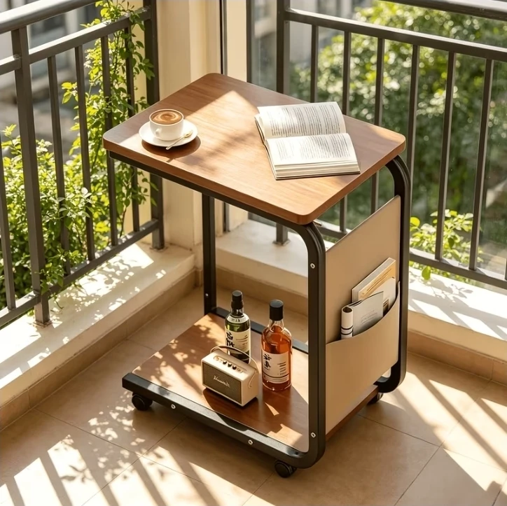 C-Shaped Side Table with Magazine Holder and Wheels