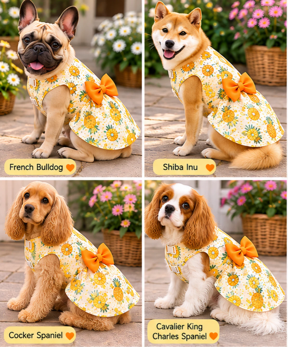 New Cute Dog Dress - Pineapple Print with Orange Bow
