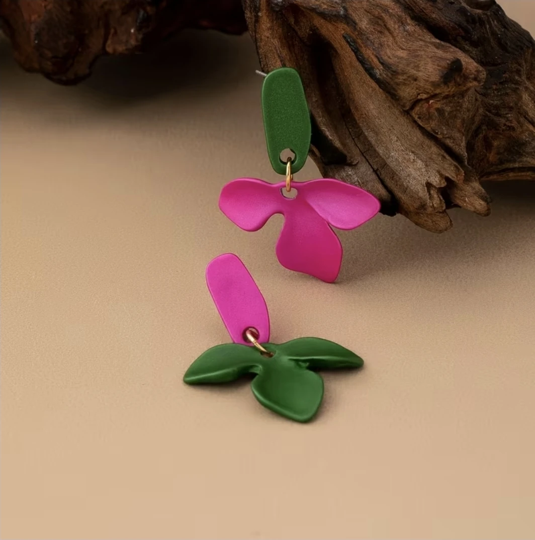 Pink and Green Floral Dangle Earrings