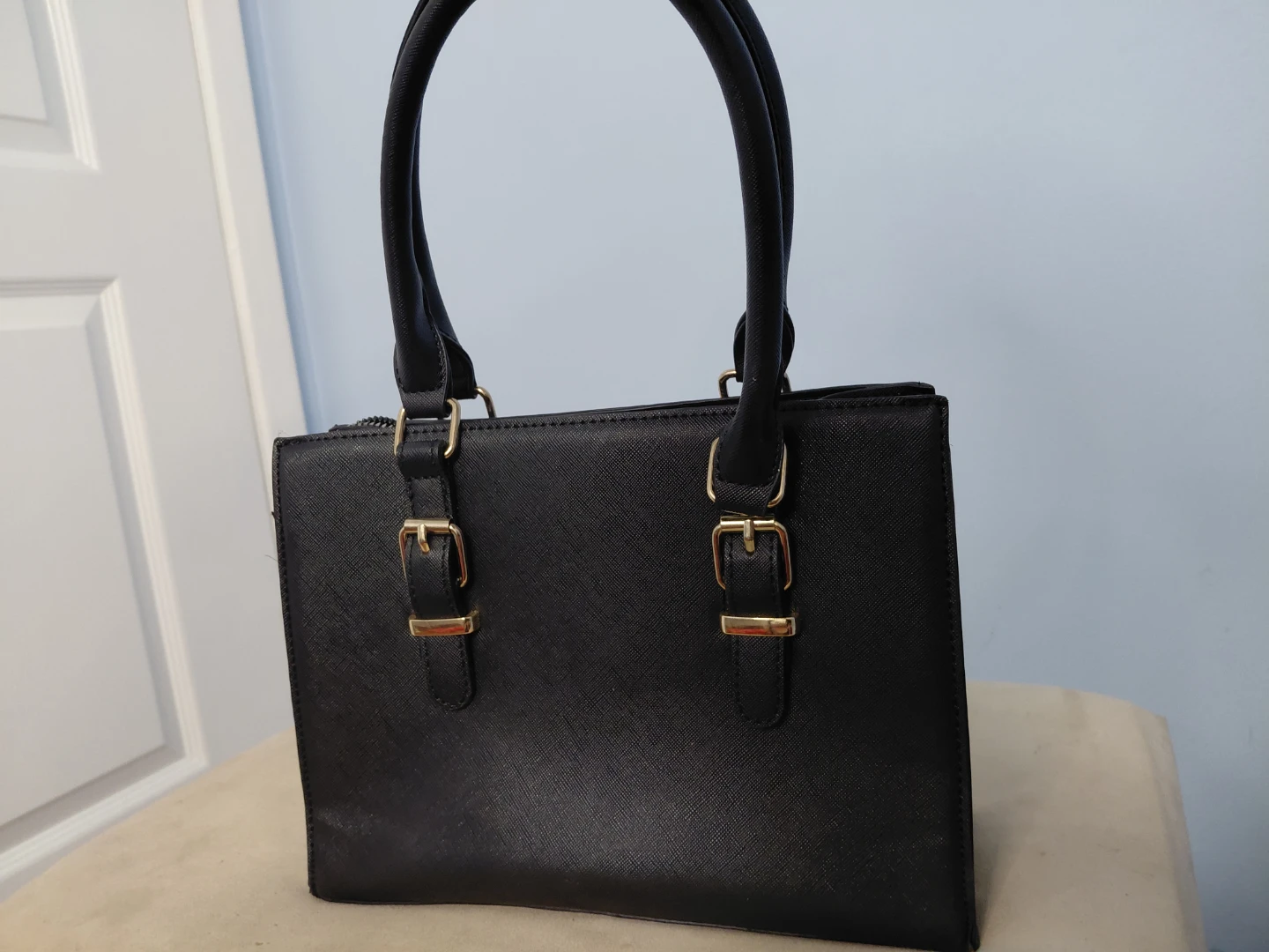 Black Faux Leather Tote Bag with Buckle Accents