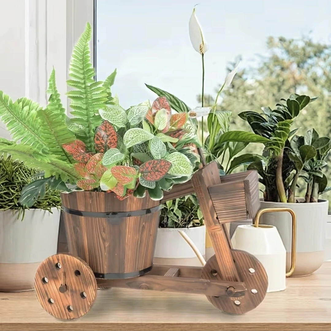 Rustic Wooden Bicycle Barrel Planter Garden/Patio Décor *new