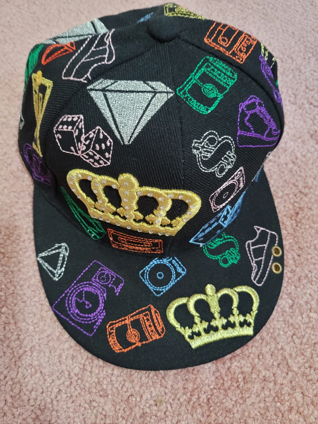 Black Snapback Hat with Embroidered Crown and Diamond Design