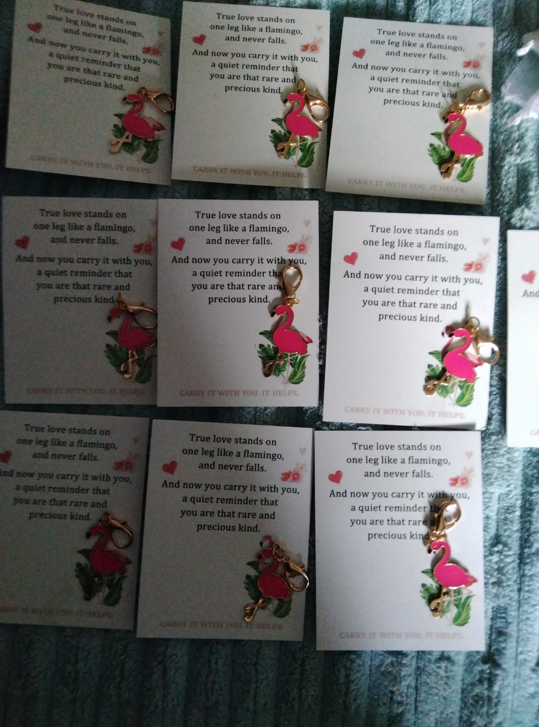 Set of 9 Pink Flamingo Charms with Cards and Bags