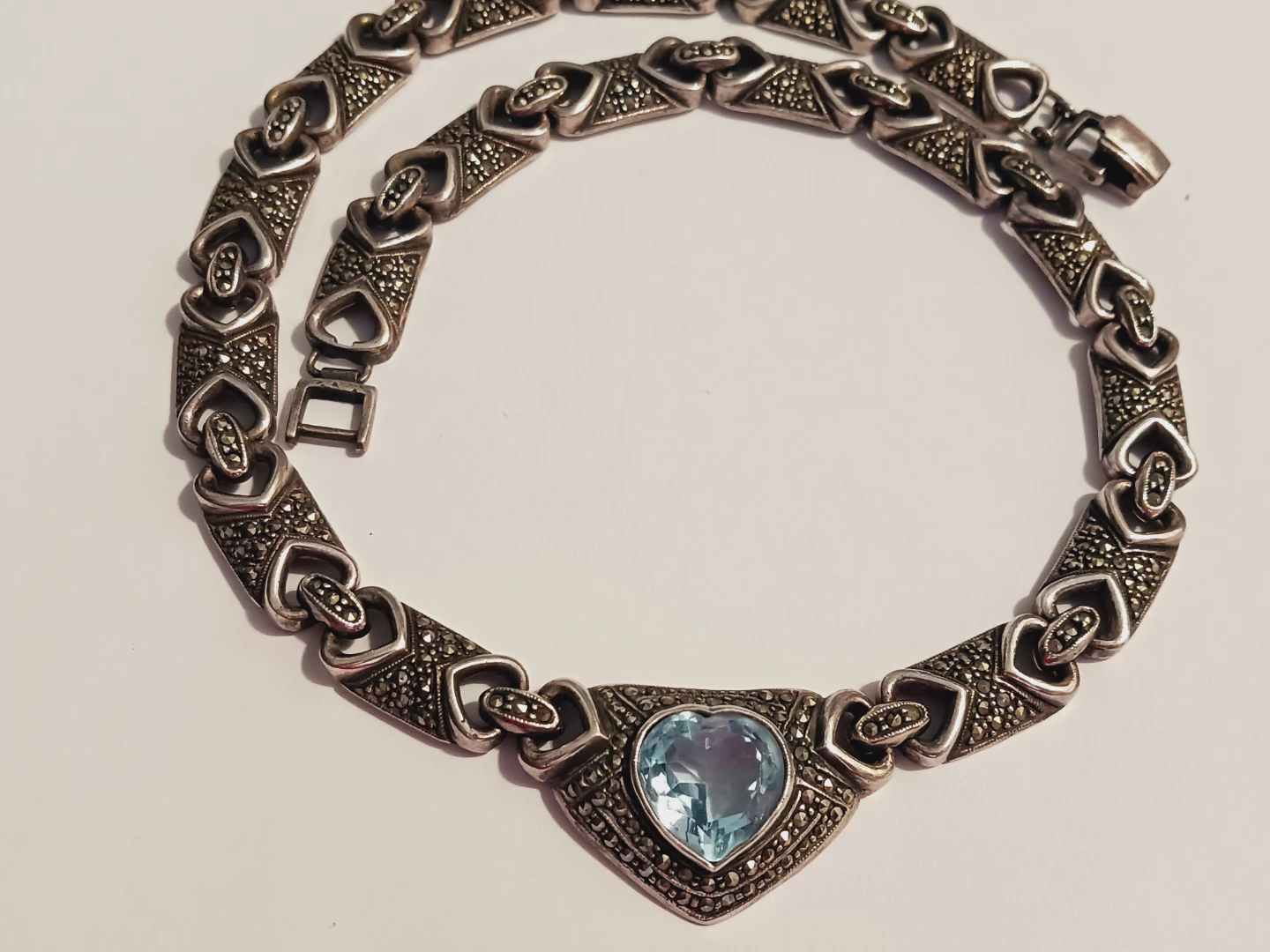 Vintage Artisan Sterling Silver Marcasite Blue Topaz Necklace - photo 3