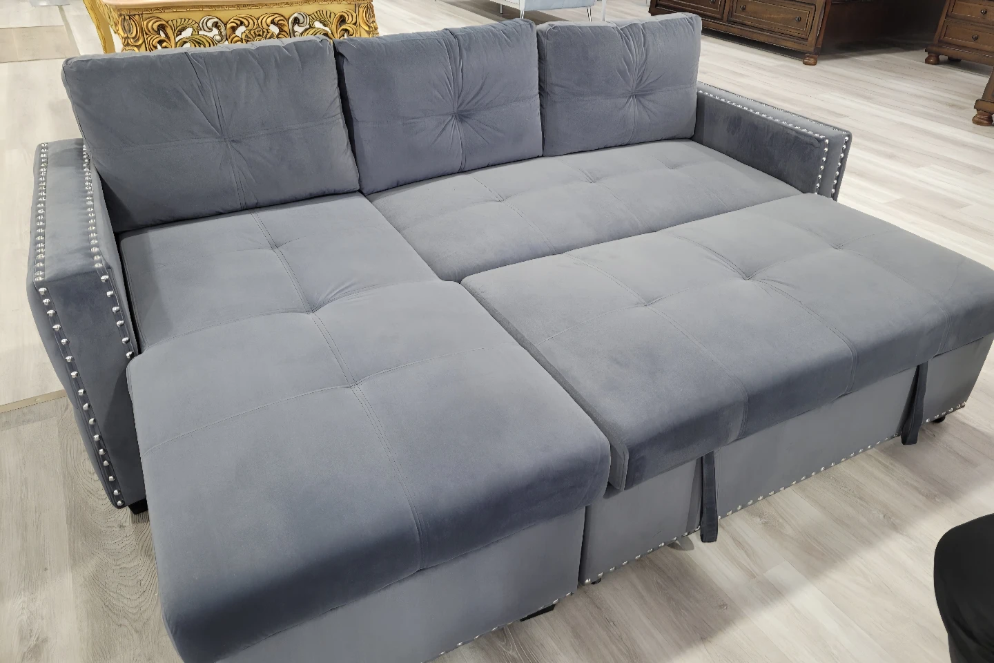 Grey Velvet Pull out Sectional Sofa Bed with Storage - photo 2