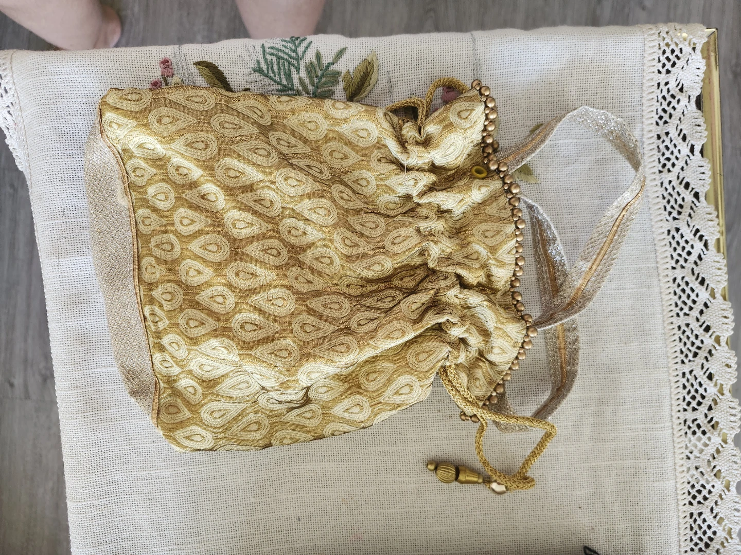 Gold Brocade Drawstring Pouch Bag