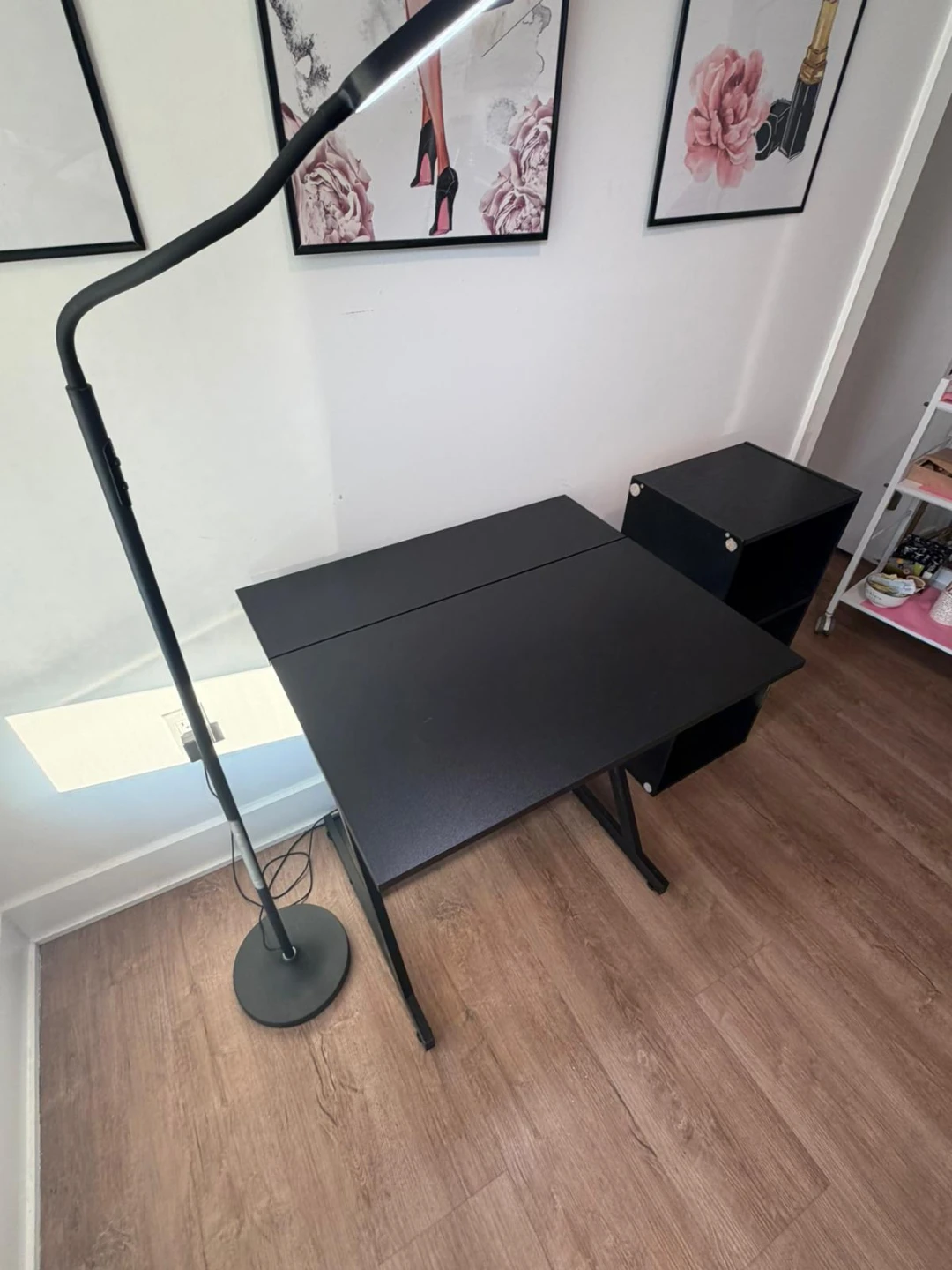 Black Folding Desk with Standing Lamp and Storage Unit - photo 3