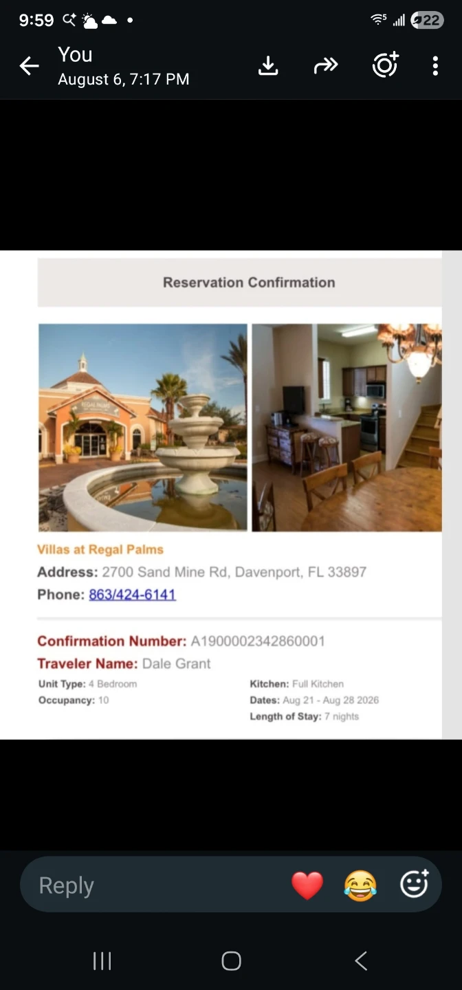 Villas at Regal Palms Reservation Confirmation