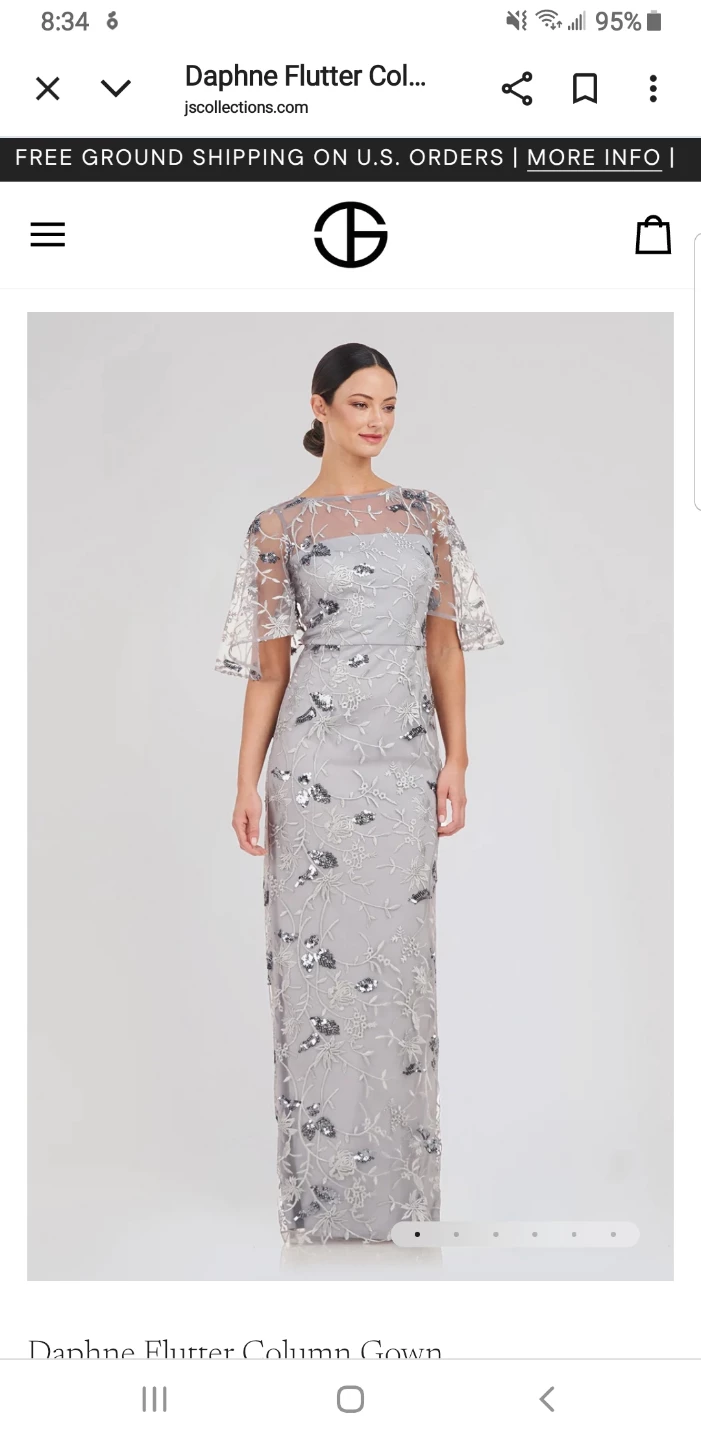 JS Collections silver flutter sleeve full length evening gown