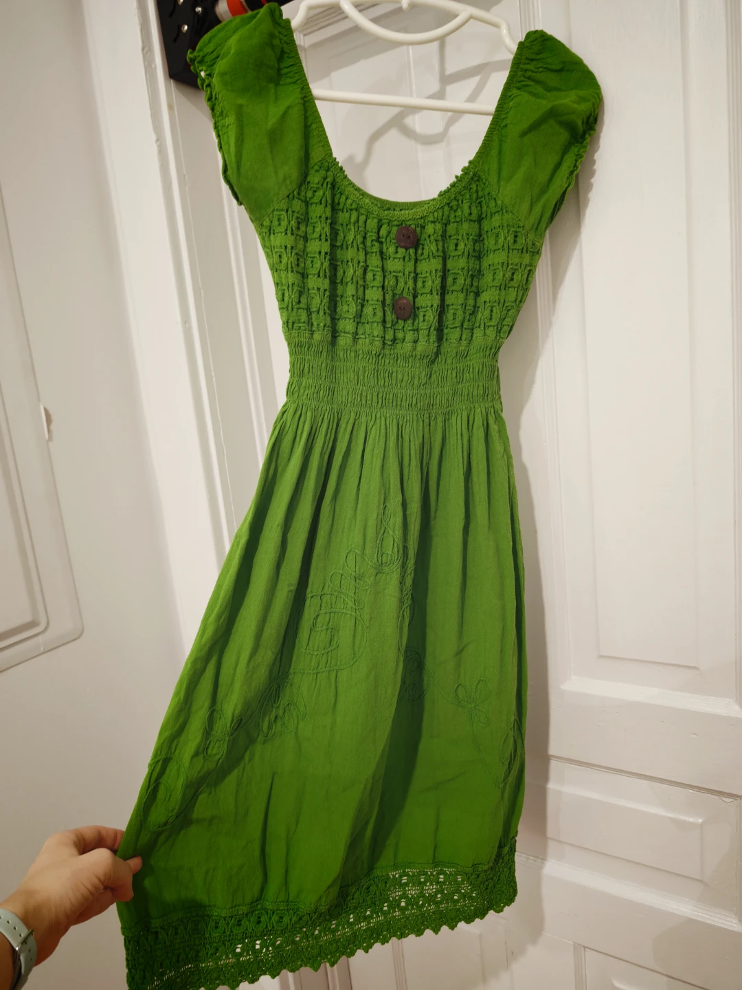 Green Smocked Dress with Lace Trim