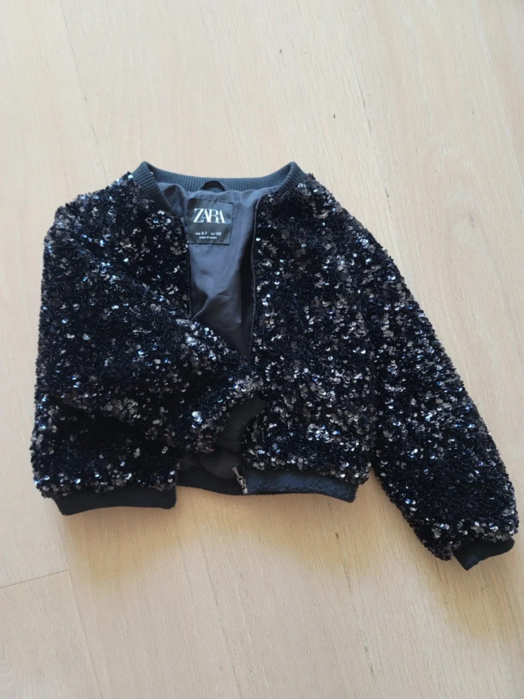 Zara Black Sequin Bomber Jacket Size 6-7