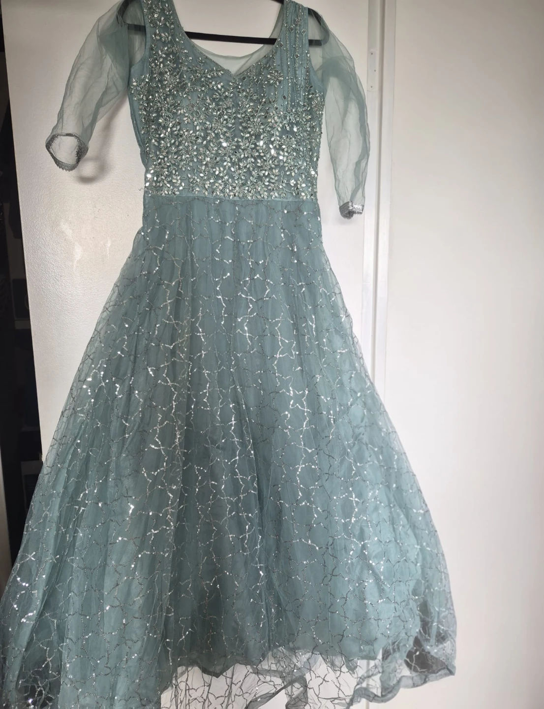 Light Blue Embellished Gown with Sheer Sleeves
