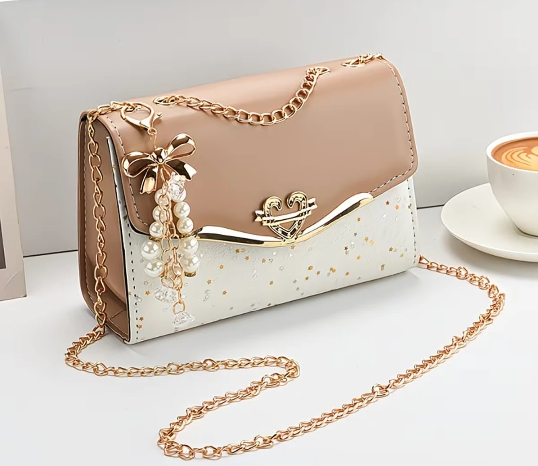 Beige and White Chain Bag with Pearl Charms