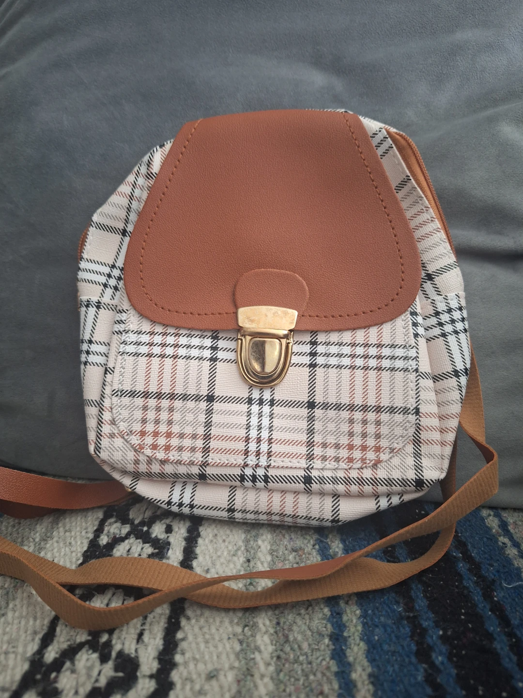 Plaid Mini Backpack with Brown Faux Leather Flap - photo 3
